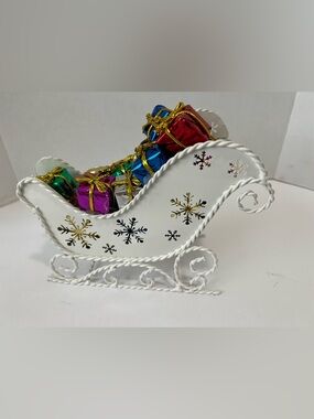 Metal Christmas Sleigh w/ packages 8.5 X 6 X 4" Wide White cut out snowflakes